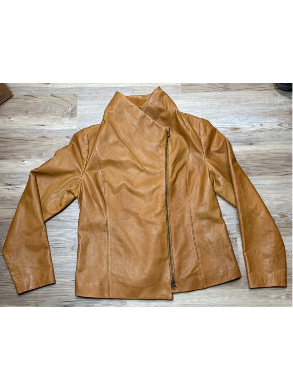 Women's Vince Scuba Brown Leather Asymmetrical Zip Jacket L - Picture 3 of 15